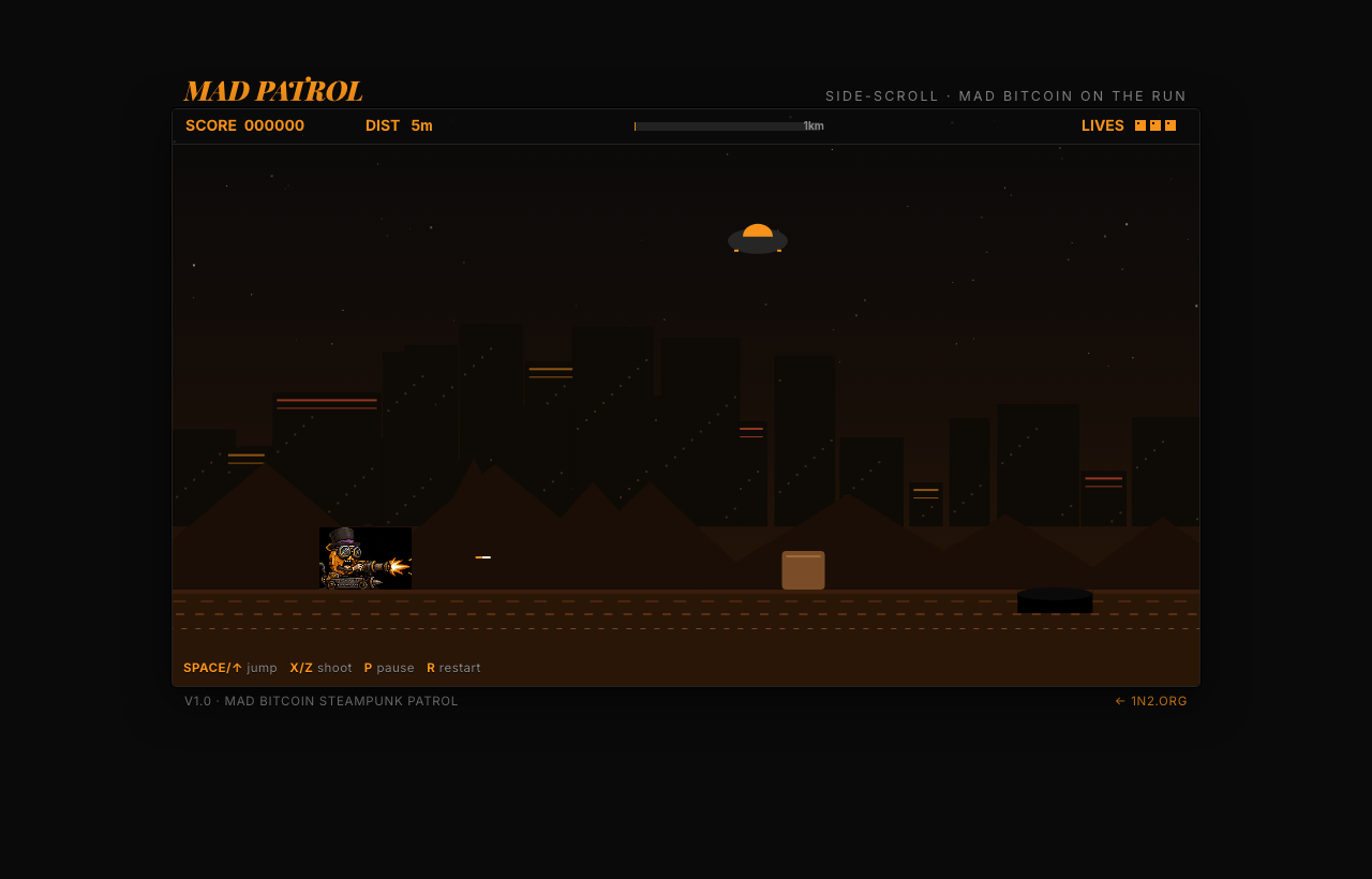 Mad Patrol screenshot — Bitcoin cart leaping a crater under a UFO