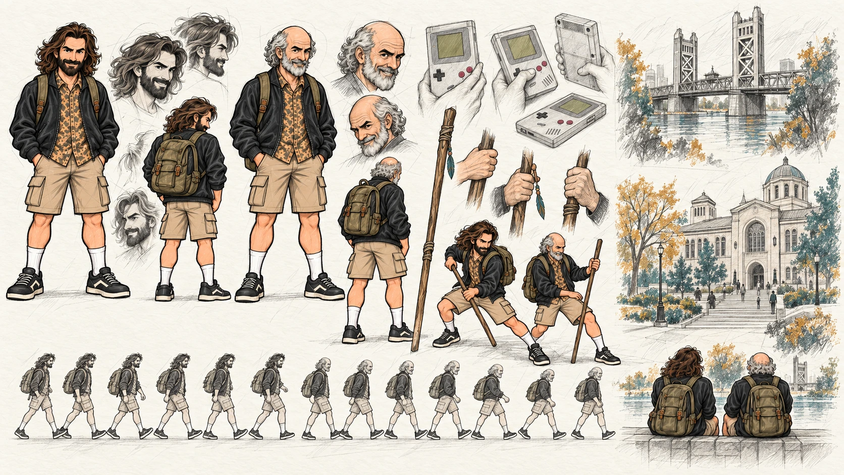 New pencil concept studies of Josh aging, walk cycles, item grips, Sacramento and the library