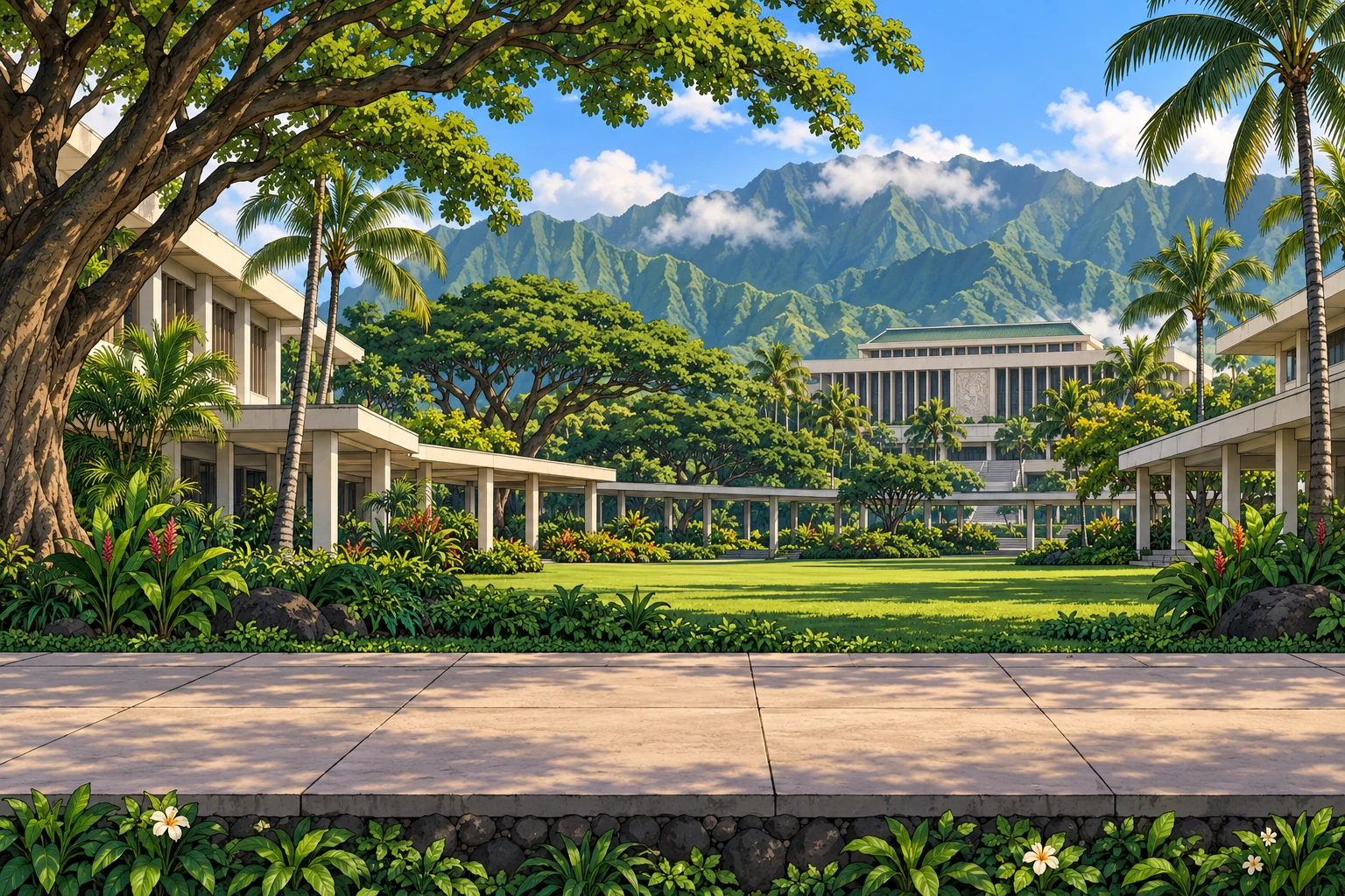 Illustrated Hawaiian doctoral campus from the game