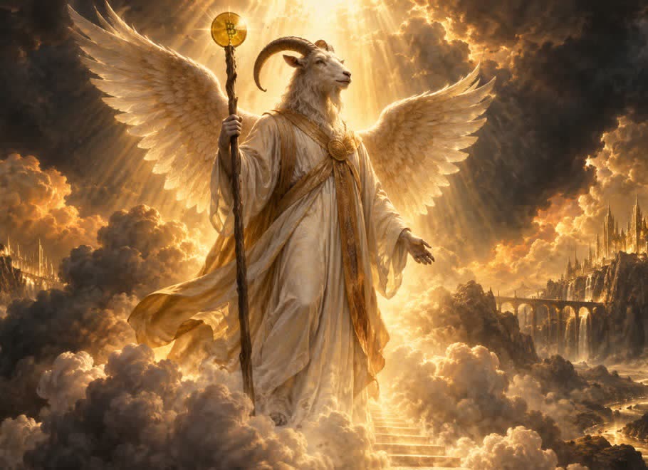 AI-generated tribute illustration, not a photograph
         and not a likeness of Conrad Braun: an allegorical winged goat figure in white and gold
         robes stands on cloud-covered steps, holding a tall staff topped with a golden disc bearing
         the Bitcoin symbol, with warm golden light breaking through dark clouds behind it.