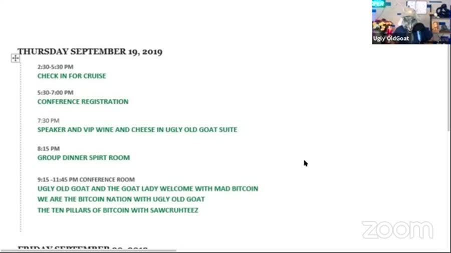 A conference programme for Thursday September 19 2019 listing check-in, registration, a speaker and VIP wine and cheese, and a group dinner.